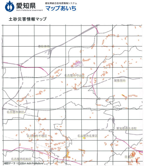 マップあいちによる土砂災害情報マップ　守山区を中心に拡大表示