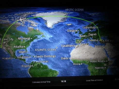 unsere flugroute quer über die Weltkugel