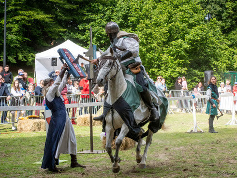 Un écuyer tient à bout de bras un bouclier de bois. Toujours lancé au galop, le chevalier doit planter sa hache dans le bouclier.