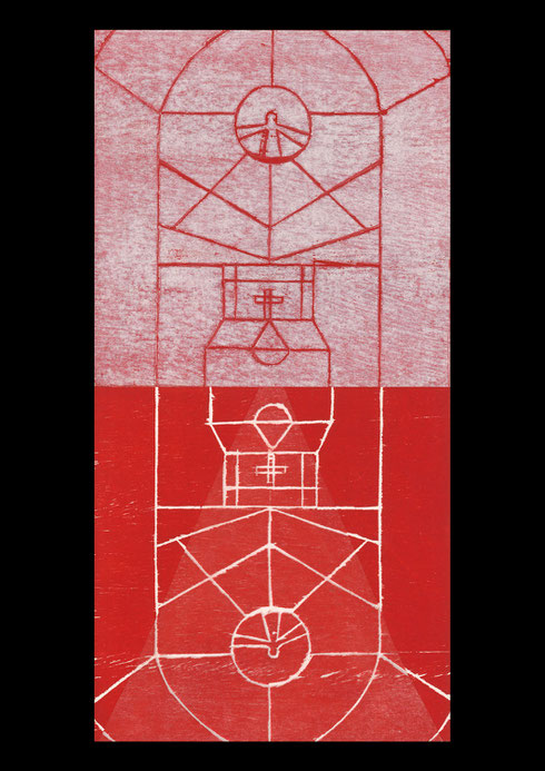 Church and landscape (twelve times towards the cross), 2005 #9: woodcut print on rice-paper and collage on ply-wood; 60x30cm (2 panels)