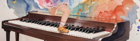 pieds d'un enfant dansant sur un piano