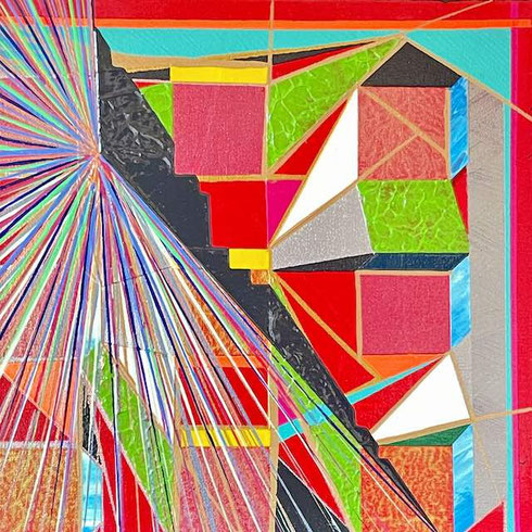  Abstraktes Kunstwerk „Liberion“ von Andreas Alka alias FLoYd: farbige Linien strahlen aus einem zentralen Punkt und treffen auf geometrische Formen in Rot, Pink, Grün, Blau und Weiß. Dynamische Komposition aus Linien und Farbflächen auf 30 × 30 cm.