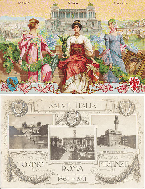 Due tra le centinaia di cartoline commemorative dedicate alle tre capitali del Regno d'Italia nel suo cinquantenario di proclamazione.
