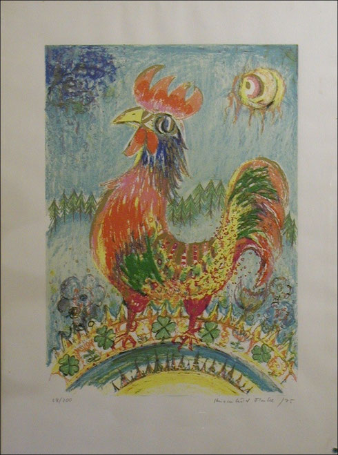 Hahn im Klee, Lithographie 28/200, signiert (50 x 70 cm) verschmutzt