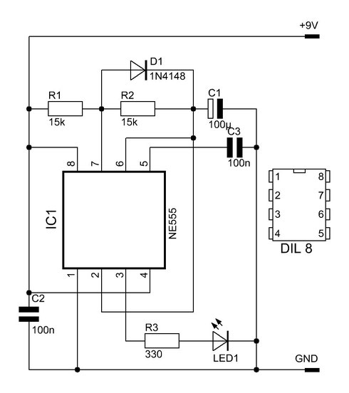 Schaltung des NE555-Blinkers.