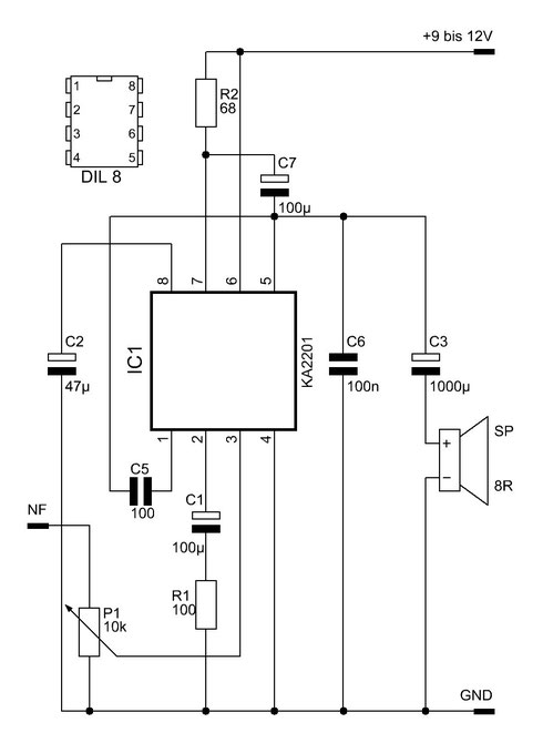 Schaltbild des KA2201-Verstärkers. Nur wenige externe Bauteile werden benötigt.