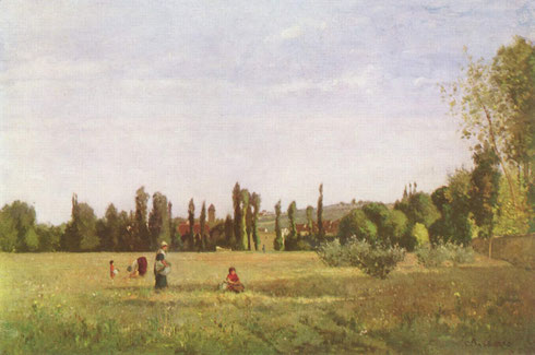 Camille Pisarro.La Varenne-Sain Hilaire, vista desde Champigny.1863 Persiste el entorno campestre casi como visión contemplativa de una quietud mágica..muestra un mundo rural ideal armonioso.