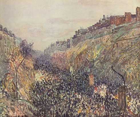 Camille Pisarro.Boulevard Montmartre, martes de carnaval por la tarde...Confetis,carrozas bajo una lluvia de serpentinas con efectos de sol...todo un combate social en las idas y venidas inquietas de las calles parisinas...