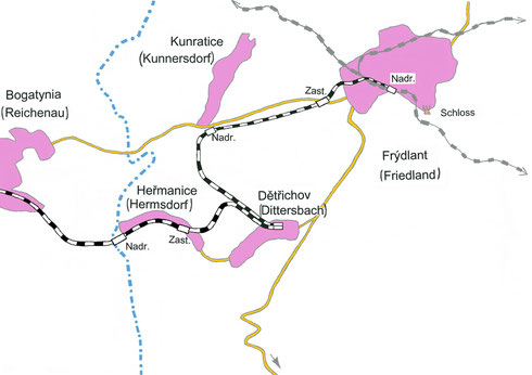 Streckenkarte der ehemaligen Friedländer Bezirksbahn