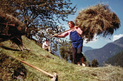 Egon im Jahr 1973 beim Heutragen am Martertalhof im Sarntal.