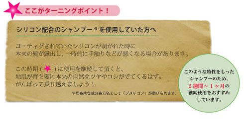 シリコン配合のシャンプーを使用していた方へ コーティングされていたシリコンが剥がれた時に本来の髪が露出し、一時的に手触りなどが悪くなる場合があります。