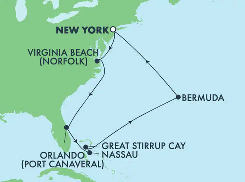 Map of Ports of Call - Norfolk, Orlando, Great Stirrup Cay, Bermuda, New York