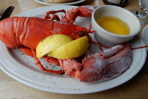 Steamed Lobster with lemon wedges and melted butter at DiMillo's in Portland, Maine