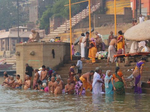 2013 Ritual Bathers on the steps to the Ganges River in Varanasi at Dawn