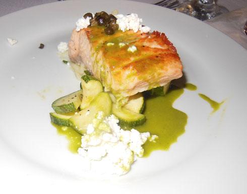 Grilled Orange-Glazed Salmon with Seasonal Vegetables and Chive Puree was Refreshing