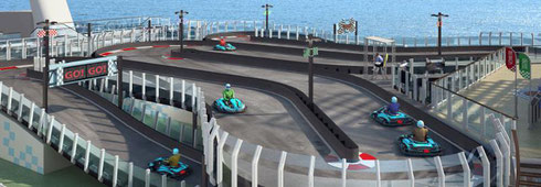 The go-carts on the top deck speed between two deck levels