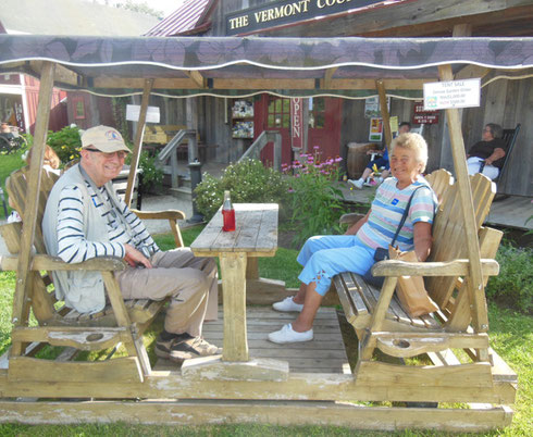 Gene and Mary enjoy an old-fashioned soda on the swing at Vermont Country Store