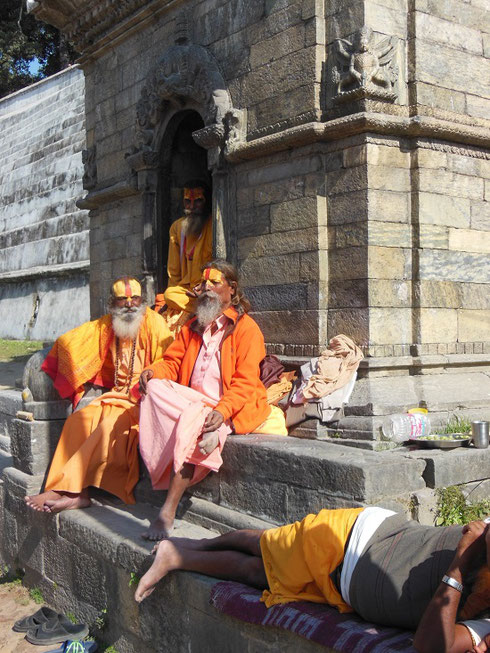 2013 Hindu Holy Men reclining within the Pashupatinath Temple Complex in Bhaktapur