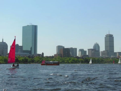 A View of the Boston Skyline and the Red Duck on the Charles River