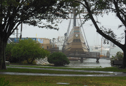 The Mayflower II at Anchor in Plymouth Harbor wasn't  too Far to Walk in the Rain