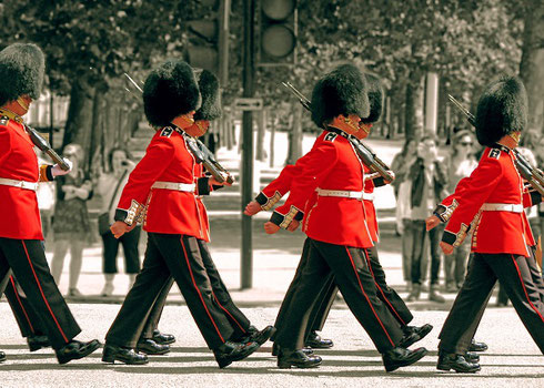 The changing of the guards - soldiers with bearskin hats and red tunics