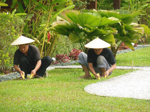 2015 Gardeners at our hotel clipping the lawns by hand during our stay there