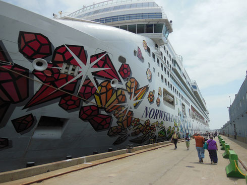 2015 The Hull of Norwegian Gem Looms Large During a Visit to the Port of  St. Maarten 