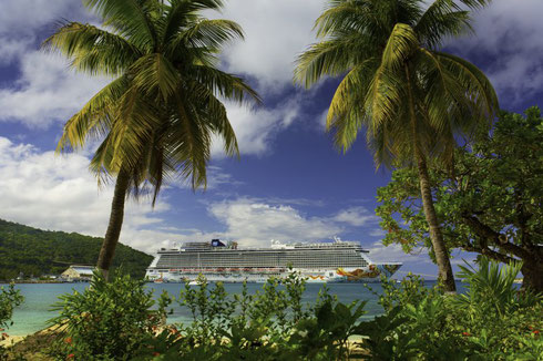 A Panoramic View of Norwegian Getaway between Island Palm Trees