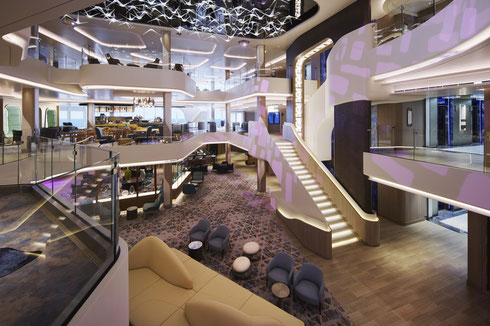 The Three-Story Penrose Atrium serves as the Social Hub of Norwegian Prima