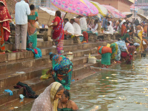 2013 Ritual Bathers on the steps to the Ganges River in Varanasi at Dawn