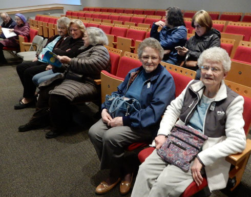 A group of passengers seated in a theater waiting for a film about the art  to be shown 