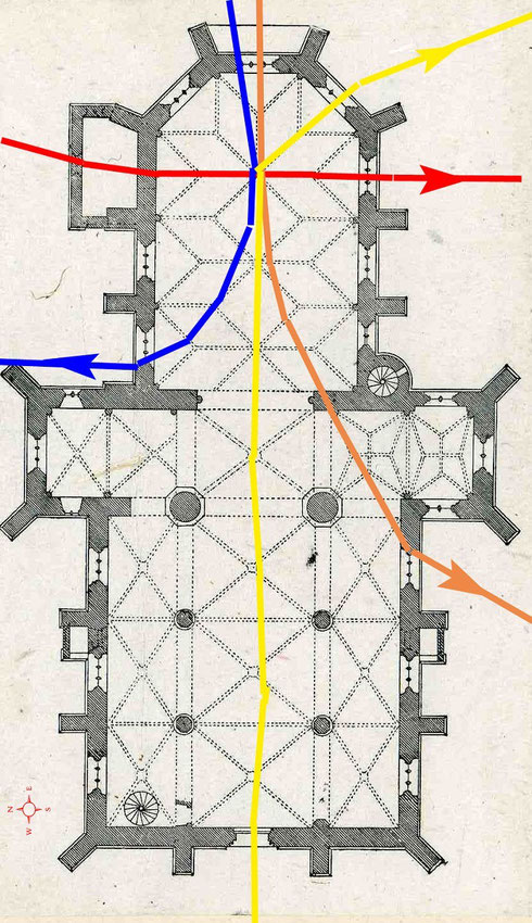 Plan de l'église avec le tracé des courants telluriques