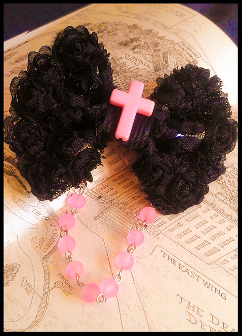 Black & Pastel Pink Beaded Bow with Cross