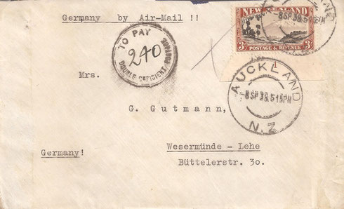 3/- Cover to Germany 8-9-1938. Rare plate 1 selvage on single Li4d. Cover taxed at double deficent postage.