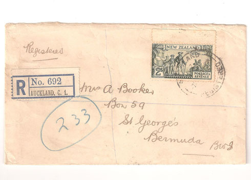 1944 Registered cover to Bermuda with top selvedge,and showing'COQK flaw' P.12 1/2. (see detail below)