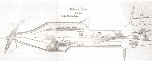 Gleisplan des östlichen Teils des Bahnhofs Siegen mit den Anlagen der BME 1862