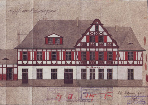 Zeichnung des Bahnhofsgebäudes in Welchen Ennest von der Gleisseite, 1934