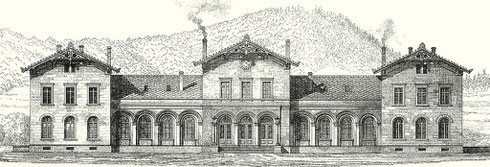 1862: Das Stationsgebäude in Siegen nach einer Zeichnung von Jakob Scheiner