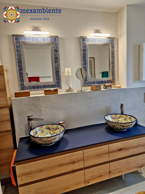 2 Mexikanische Aufsatzwaschbecken CARIBE in runder Form im Badezimmer