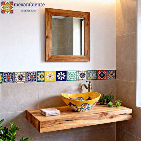 Gästebad mit mexiko waschbecken oval und mexikanischen talavera Fliesen von mexambiente