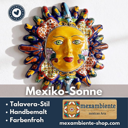 Handbemalte Mexiko-Sonne im Talavera-Stil als farbenfrohe Keramik-Wanddekoration an weißer Wand