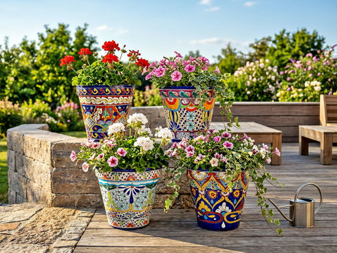 Große mexikanische Blumentöpfe aus Keramik (34 cm) im Talavera Stil, handbemalte Pflanzgefäße und Übertöpfe für Terrasse, Garten und Innenbereich, farbenfrohe Unikate aus Mexiko