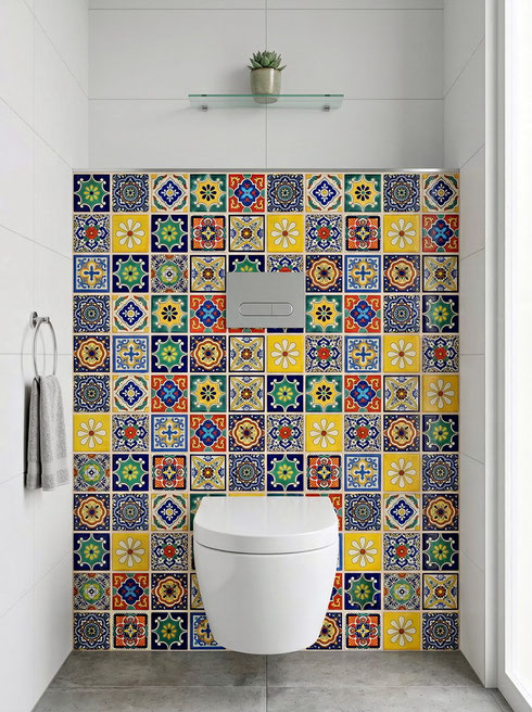 Premium mexikanische Fliesen ca. 11x11 cm im bunten Talavera Patchwork Set als WC-Rückwand – handbemalt, hochwertig verarbeitet und farbintensiv, Versand aus Deutschland