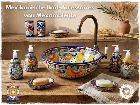 Mexikanische Badaccessoires aus Keramik – handbemaltes Waschbecken, Seifenschalen, Zahnputzbecher und Seifenspender von Mexambiente.