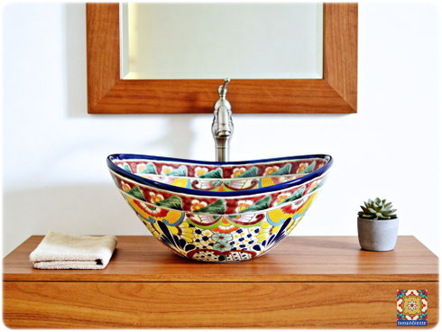 Mexikanisches Waschbecken als ovales Aufsatzwaschbecken MEX7, ca. 42,5×37 cm – Bestseller, elegant fürs Gäste-WC und Hauptbad