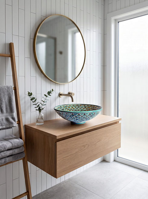 Großes Talavera Waschbecken Pavo Verde aus Mexiko mit detailreichem Pfauenmuster in Grün, perfekt als Blickfang im modernen Masterbad.