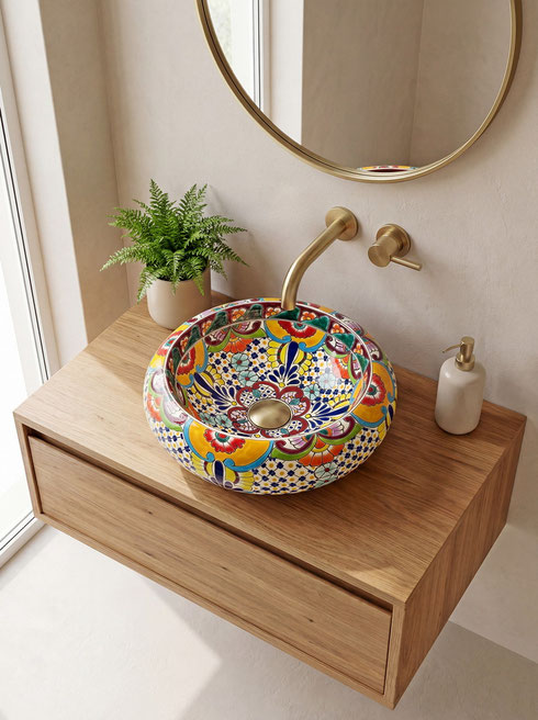 Gästebad mit handbemaltem Waschbecken aus Mexiko in Donut-Form. FRIEDA buntes Design mit Blumen im Talavera-Stil.