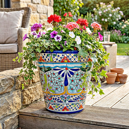 Bunter mexikanischer Pflanztopf aus Keramik (34 cm) im Talavera Stil CARIBE, großer Blumentopf handbemalt für Außenbereich und Terrasse