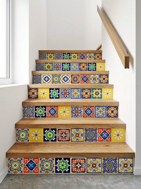 Premium mexikanische Fliesen ca. 11x11 cm im bunten Talavera Patchwork als dekorative Fliesen für Treppenstufen – handbemalt, hochwertig und mit edler Glasur, Versand aus Deutschland