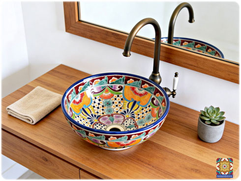 MEX3: Mexikanisches Waschbecken als Aufsatzwaschbecken MEX3, ca. 39 cm – Bestseller für Gäste-WC und kleines Hauptbad, Talavera handbemalt